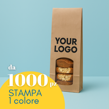 Sacchetto porta biscotti con finestra personalizzabile con il tuo logo. scritta in primo piano da 1000 pz stampa 1 colore